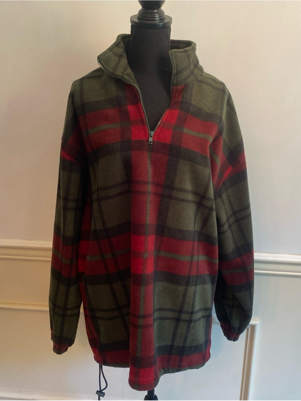 Men's Olive & Red Plaid Zip-Up Fleece Pullover Fieldmaster Vintage L